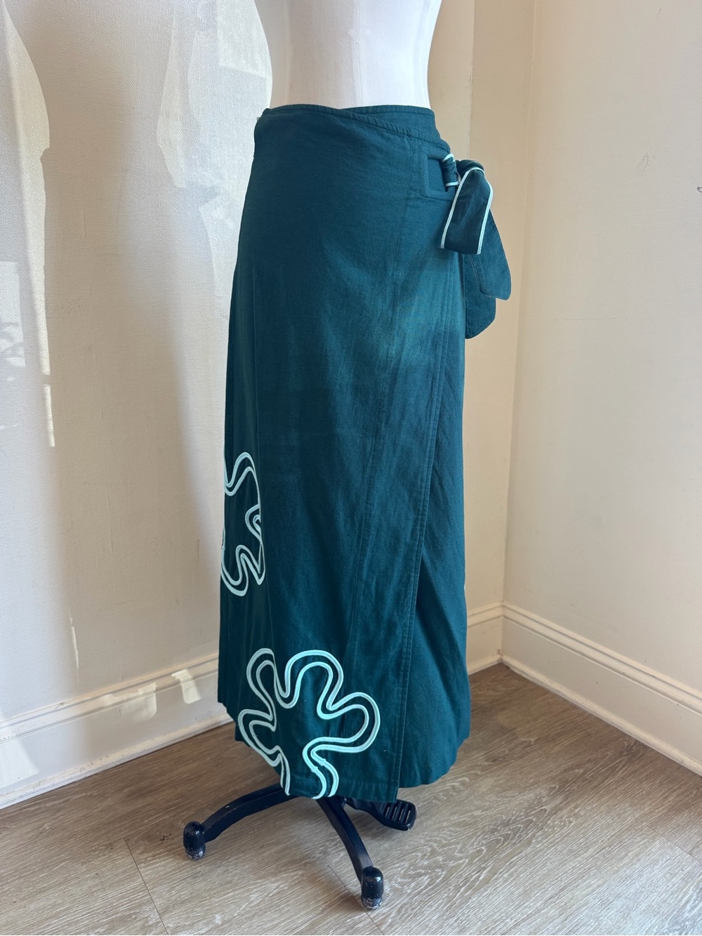 Women’s Teal Wrap Skirt Set with Contrast Floral Appliqué